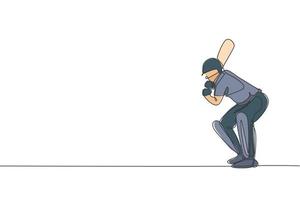 un dibujo de línea continua de la postura del jugador de cricket de un joven de pie para recibir la pelota de la ilustración vectorial del lanzador. concepto de deporte diseño dinámico de dibujo de una sola línea para póster publicitario vector