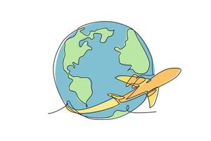 Airplane flying around the earth. Single continuous line world globe map graphic icon. Simple one line doodle for traveling concept. Isolated vector illustration minimalist design on white background