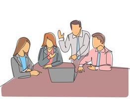 One single line drawing of young happy startup workers facing laptop computer to listen the CEO presenting business plan. Business meeting concept continuous line draw design vector illustration