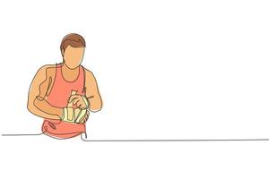 One continuous line drawing of young sporty man kickboxer athlete wrap a strap bandage to prepare a fighting at gym center. Combative sport concept. Dynamic single line draw design vector illustration