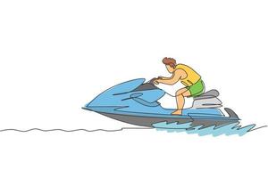 One continuous line drawing of young energetic man fun play jet skiing in the sea ocean. Healthy lifestyle sport concept. Happy tourist vacation. Dynamic single line draw design vector illustration