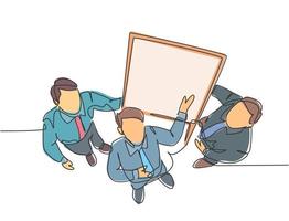 One continuous line drawing of young happy business men meeting using flip chart from top view. Business executive presentation teamwork concept. Single line draw design graphic vector illustration