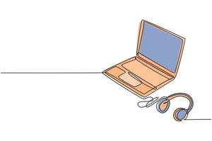 un dibujo de una sola línea de una computadora portátil delgada con auriculares al lado. concepto de herramientas de computadora portátil de entretenimiento en casa de electricidad. Ilustración de diseño de vector de dibujo gráfico de línea continua dinámica