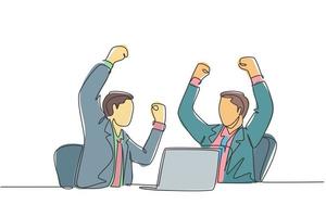 One continuous line drawing of two young businessman raise their hands up to the sky after watching sales increasing on laptop. Business celebration concept single line draw design vector illustration