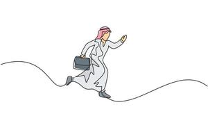 Continuous one line drawing of young happy Arab male worker jumping high to the sky. Success business manager minimalist metaphor concept. Single line draw design vector graphic illustration