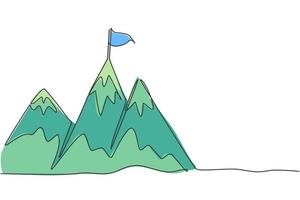 Single continuous line drawing mountains with target flag on the top. Reaching and climbing business goal on the hill top. Minimalism concept dynamic one line draw graphic design vector illustration