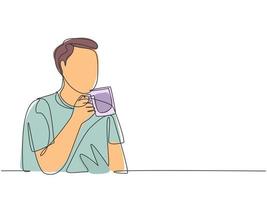 One single line drawing of young happy casual man enjoying a mug of great taste hot chocolate drink at break. Drinking coffee or tea concept continuous line draw symbol design vector illustration