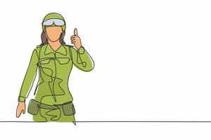 Single continuous line drawing woman soldiers with goggle, full uniforms, thumbs-up gestures are ready to defend the country on battlefield. Dynamic one line draw graphic design vector illustration