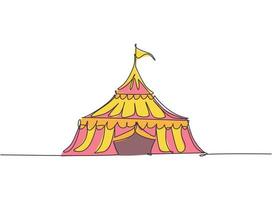 Single continuous line drawing circus tent in the shape of a triangle with stripes and a flag at the top. Show place for clowns, magicians, animals. One line draw graphic design vector illustration.