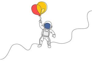 One continuous line drawing of cosmonaut exploring outer space. Astronaut flying with balloons. Fantasy cosmic galaxy discovery concept. Dynamic single line draw graphic design vector illustration