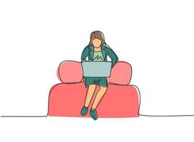 Continuous one line drawing young woman worker sitting on sofa while typing business proposal on laptop. Manager preparing work concept. Single line draw design vector graphic illustration.