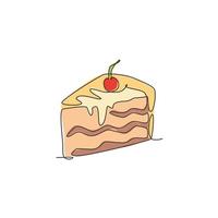 Single continuous line drawing of stylized cut sliced cake with cherry fruit topping art. Sweet pastry concept. Modern one line draw design vector graphic illustration for cake shop