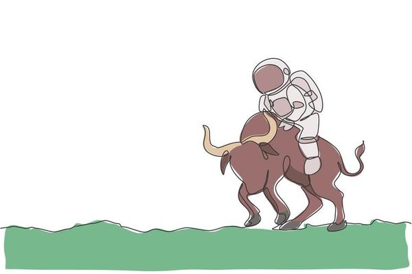 One continuous line drawing of spaceman take a walk riding an angry bull, wild animal in moon surface. Deep space safari journey concept. Dynamic single line draw graphic design vector illustration
