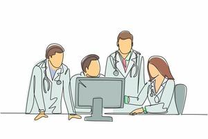 One continuous line drawing group of young doctor discuss proper treatment while watching patient medical report on computer. Hospital health care concept single line draw design vector illustration