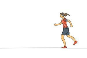 One continuous line drawing of young sporty woman runner run relax while listening music. Health activity sport concept. Dynamic single line draw design vector illustration for running event poster