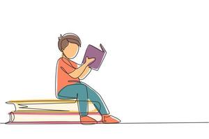 Single one line drawing little boy reading, learning and sitting on big books. Study in library. Intelligent student, education concept. Modern continuous line draw design graphic vector illustration