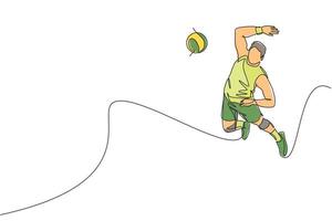 One continuous line drawing of young male professional volleyball player in action jumping smash on court. Healthy competitive team sport concept. Dynamic single line draw design vector illustration