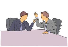 One single line drawing of young angry businessman pointing finger to his shouting colleague then they blaming each others. Business problem concept continuous line draw design vector illustration