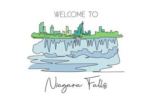 One continuous line drawing Niagara Falls skyline, Canada. Beautiful nature landmark postcard art. World landscape tourism travel vacation. Editable stroke single line draw design vector illustration