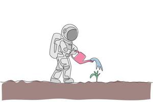 One continuous line drawing of spaceman watering plant tree using metal watering can in moon surface. Deep space farming astronaut concept. Dynamic single line draw graphic design vector illustration