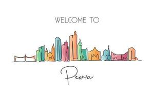 One single line drawing Peoria city skyline, Illinois. World historical town landscape poster. Best holiday destination postcard. Editable stroke trendy continuous line draw design vector illustration