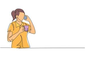 Single continuous line drawing of young female employee calling her partner on the phone while holding a cup of coffee drink. Drinking tea concept one line draw graphic design vector illustration