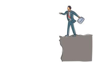 Single one line drawing of young smart business man standing on the edge of the cliff. Business challenge and freedom concept. Modern continuous line draw. Minimal design graphic vector illustration