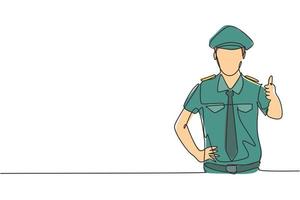 Single one line drawing of pilot with a thumbs-up gesture and full uniform is ready to fly with the cabin crew with the aircraft at the airport. Continuous line draw design graphic vector illustration