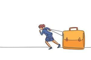 Single one line drawing young smart businesswoman pulling big leather briefcase with all one's might. Hard work ethic minimal concept. Modern continuous line draw design graphic vector illustration