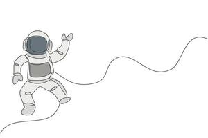 One continuous line drawing of young astronaut scientist exploring outer space in retro style. Spaceman cosmos discovery concept. Dynamic single line draw design graphic vector illustration