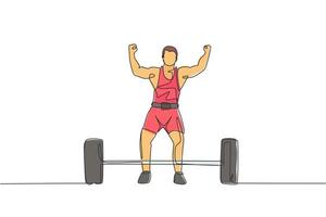 One continuous line drawing of young bodybuilder man doing exercise with a heavy weight bar in gym. Powerlifter train weightlifting concept. Dynamic single line draw design graphic vector illustration