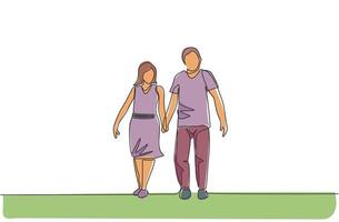 un dibujo de línea continua de la joven pareja esposa y esposo caminando y tomados de la mano juntos en el parque. concepto de crianza de los hijos de familia feliz. Ilustración de vector de diseño de dibujo de línea única dinámica