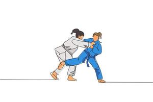 una línea continua dibujando a dos jóvenes deportistas entrenando técnica de judo en el polideportivo. concepto de competencia deportiva de lucha de batalla de jiu jitsu. Ilustración gráfica de vector de diseño de dibujo de línea única dinámica