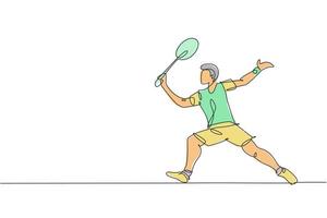 un joven jugador de bádminton enérgico de dibujo de una sola línea recibe un golpe de la ilustración vectorial gráfica del oponente. concepto de deporte saludable. diseño moderno de dibujo de línea continua para el cartel del torneo de bádminton vector