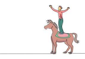 Single continuous line drawing a male acrobat performs a stunt on a circus horse by standing on the horse's back and raising his hands. Dynamic one line draw graphic design vector illustration.