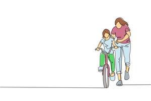 One continuous line drawing of young mother help her daughter learning to ride a bicycle at countryside together. Parenthood lesson concept. Dynamic single line draw design vector graphic illustration