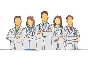 Single continuous single line drawing group of young promising doctor posing standing and cross hands on chest together at hospital. Medical teamwork concept one line draw design vector illustration