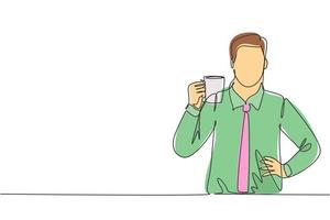 Single continuous line drawing of young happy office employee holding a mug of best fresh taste cappuccino coffee. Drinking coffee or tea concept one line draw cartoon design vector illustration
