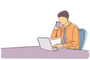 Single continuous line drawing of young happy manager checking report from team member while he enjoy to drink a cup of coffee at office. Drinking tea concept one line draw design vector illustration