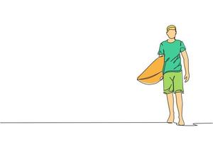 dibujo de una sola línea continua de un joven surfista profesional caminando y llevando tablas de surf en la playa de arena. concepto de deportes acuáticos extremos. vacaciones de verano. ilustración de vector de diseño de dibujo de una línea de moda