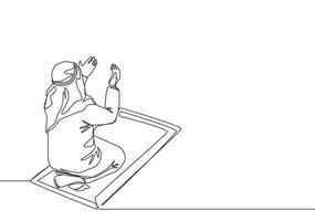 uno continuo línea dibujo de musulmán persona aumento y abierto manos Orando en sajadah, desde posterior vista. islámico Ramadán kareem y eid Mubarak orar concepto soltero línea dibujar diseño vector ilustración