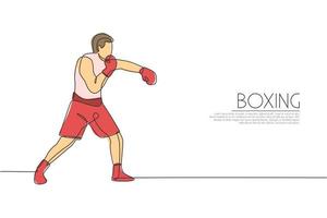 un dibujo de una sola línea de un joven boxeador enérgico mejora su ilustración vectorial de ataque de puñetazos. concepto de entrenamiento deportivo combativo. diseño moderno de dibujo de línea continua para la pancarta del campeonato de boxeo vector