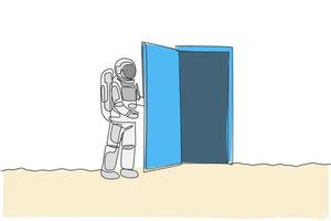 One continuous line drawing of young astronaut opening door gate into another dimension in moon surface. Cosmic galaxy space concept. Dynamic single line draw design vector graphic illustration