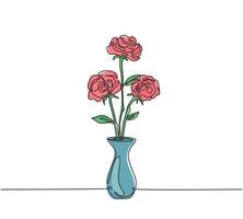 One continuous line drawing of fresh beautiful rose flower on porcelain vase. Modern greeting card, invitation, logo, banner, poster concept single line draw graphic design vector illustration