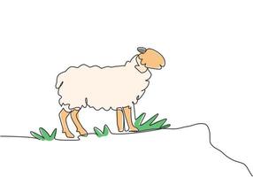 Single continuous line drawing of the sheep were standing on the edge of the meadow looking for food. Successful farming minimalism concept. Dynamic one line draw graphic design vector illustration.