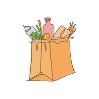 One single line drawing of fresh paper grocery bag contain milk, carrot, milk, bread inside vector illustration graphic. Staple food concept. Modern continuous line draw grocery store design