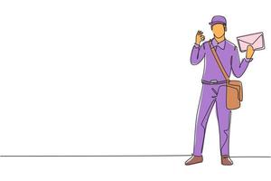 cartero de dibujo continuo de una línea de pie con un sombrero, bolso bandolera, uniforme, sosteniendo un sobre y con un gesto bien entregando el correo a la dirección de su casa. Ilustración gráfica de vector de diseño de dibujo de una sola línea