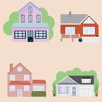 Cottage houses vector graphics. Facade of houses with a roof, windows and ornaments. Vector houses over isolated background. Contemporary.