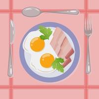 Bacon and scrambled eggs for breakfast. Cutlery, breakfast table setting. Eggs, bacon, herbs. Healthy food for breakfast. Vector graphics, view from above.