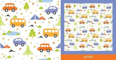 Vector Designs with Camping Holiday Themes, and Cute Vehicles, Perfect for Designing Clothes, Wallpapers, Posters, and other Design Needs. Pattern for a Boy Theme.